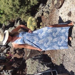 Blue Palm-Print Maxi Dress with V-Neck